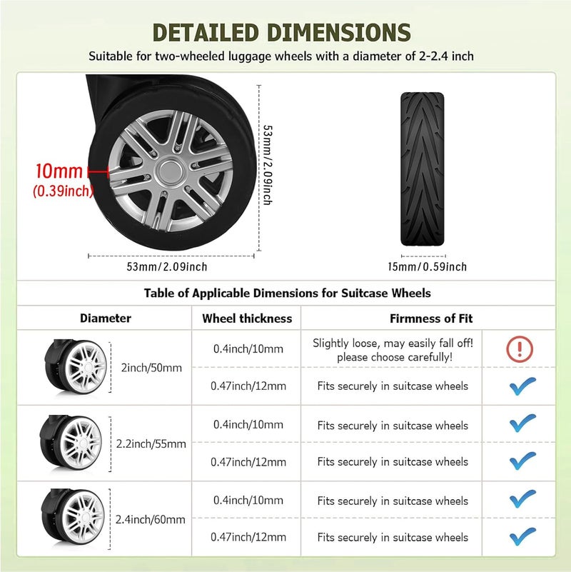 KOVNGE Upgrade Luggage Wheel Covers, 8pcs Suitcases Wheel Protector,Wear-Resistant, Anti-Noise, Silicone Protectors For 2-2.4"Luggage Spinner,Accessories for Travel(Green) - Image 5